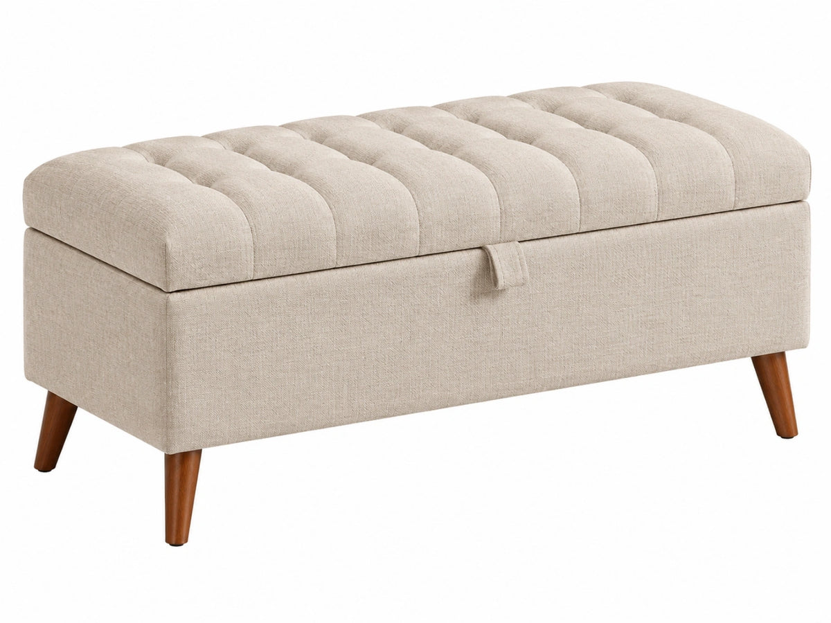 Sitzbank mit Stauraum 120 x 45 x 48 cm Textilbezug Beige - gepolsterte Truhenbank mit Holzbeinen