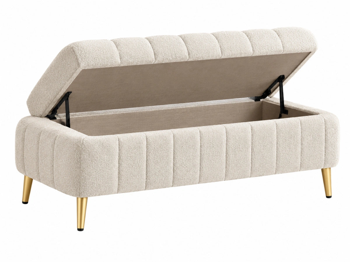 Sitzbank 100 x 45 x 48 cm aus Boucléstoff in Creme mit Stauraum und Metallbeinen