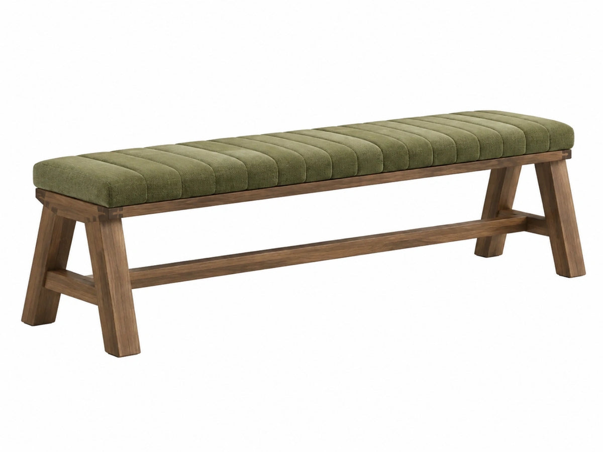 Polsterbank 160 x 40 x 46 cm aus Holz und Stoff in Olivgrün - gerippte Sitzfläche im modernen Stil