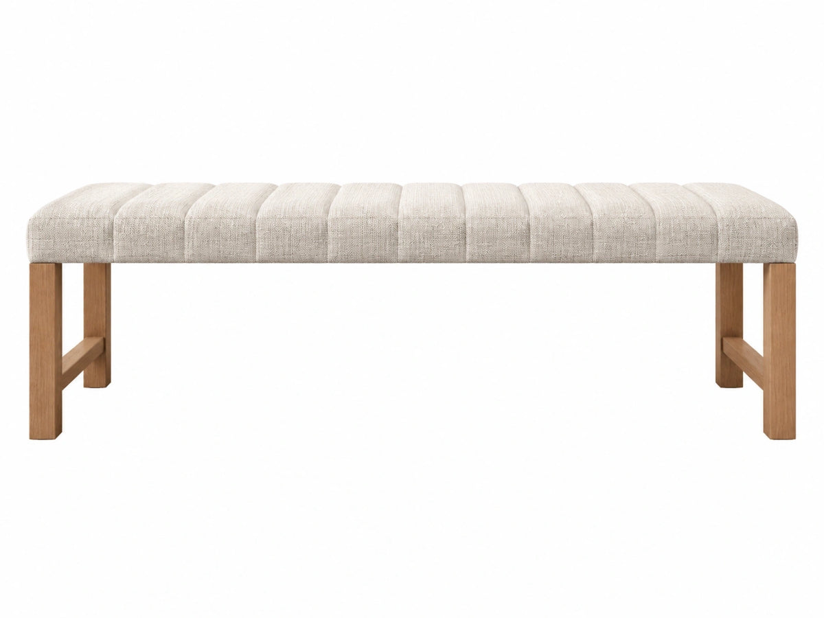 Sitzbank 140 x 40 x 46 cm aus Holz mit cremefarbenem Textilbezug im modernen Stil
