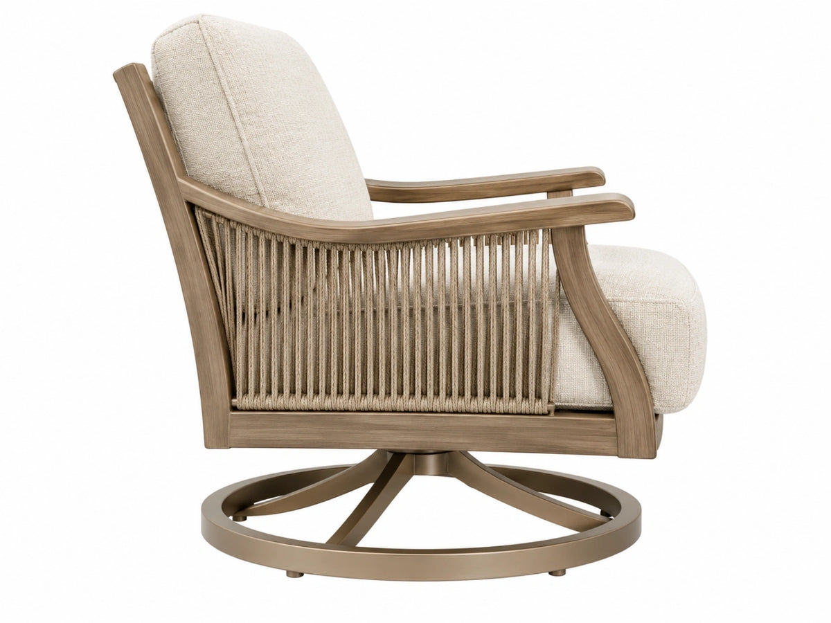 Drehsessel 85 x 80 x 95 cm aus Holz Metall und Textil in Beige Braun - Loungesessel mit Seilgeflecht