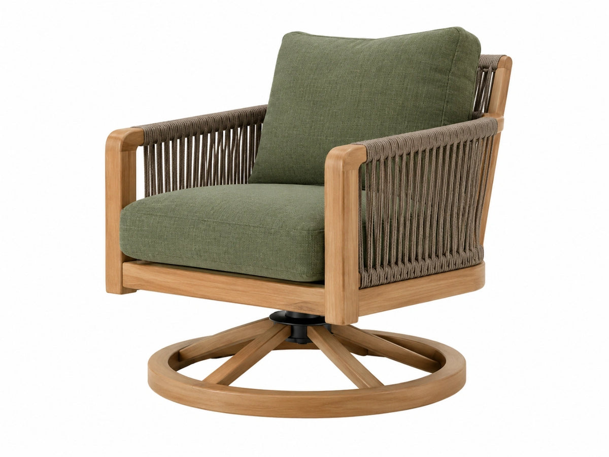 Drehsessel 80 x 75 x 85 cm aus Holz mit Kordelgeflecht in Grün - Boho Loungesessel