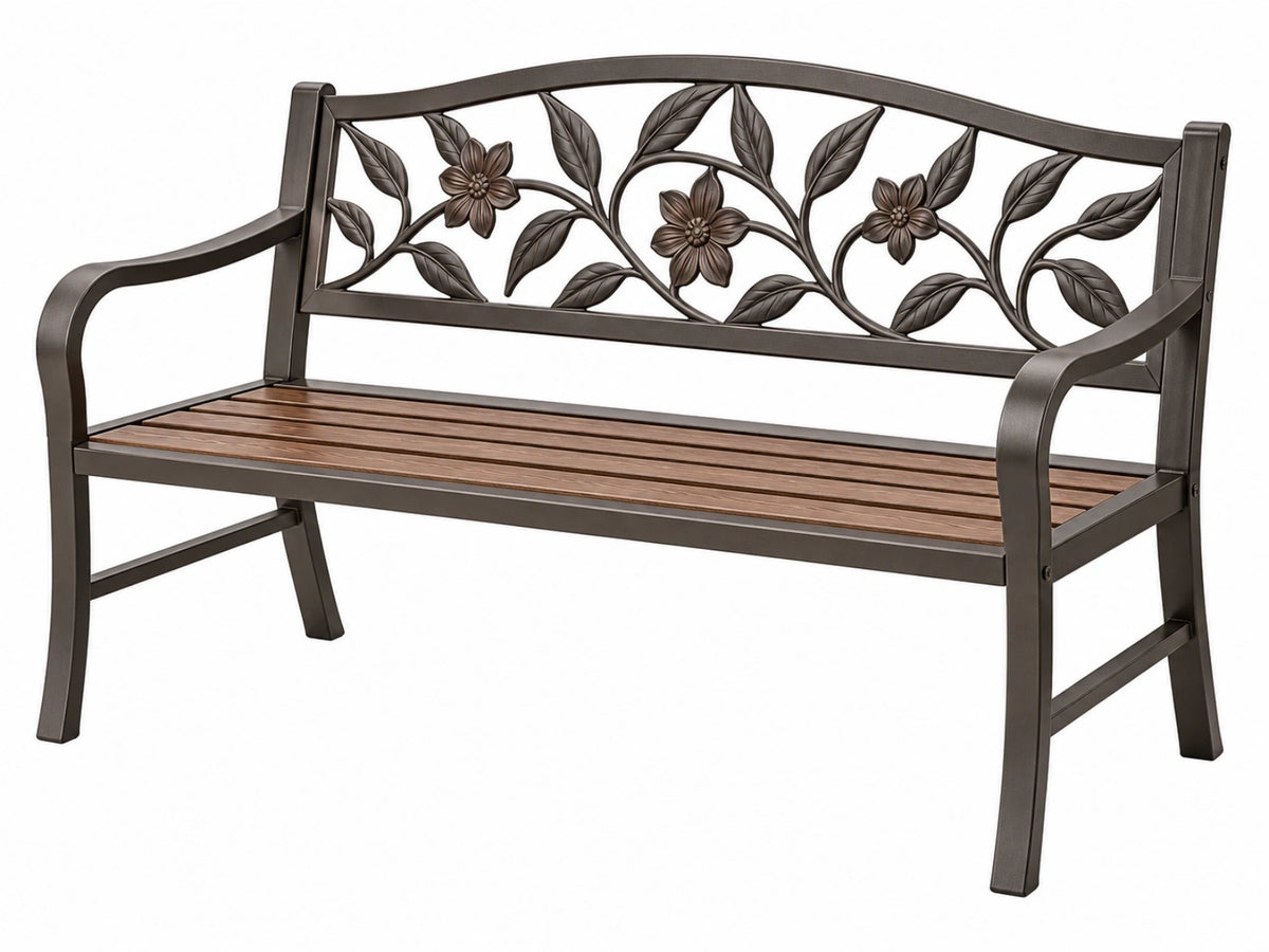 Gartenbank 122 x 60 x 91 cm Metall Holz Dunkelbraun mit Blumenmotiv