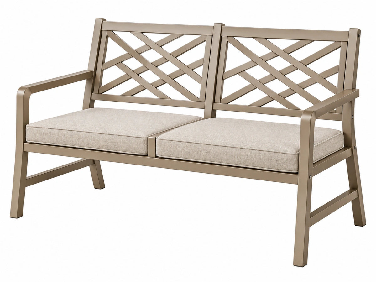 Gartenbank 125 cm Metall Taupe mit beigen Sitzkissen Gitterdesign für Terrasse